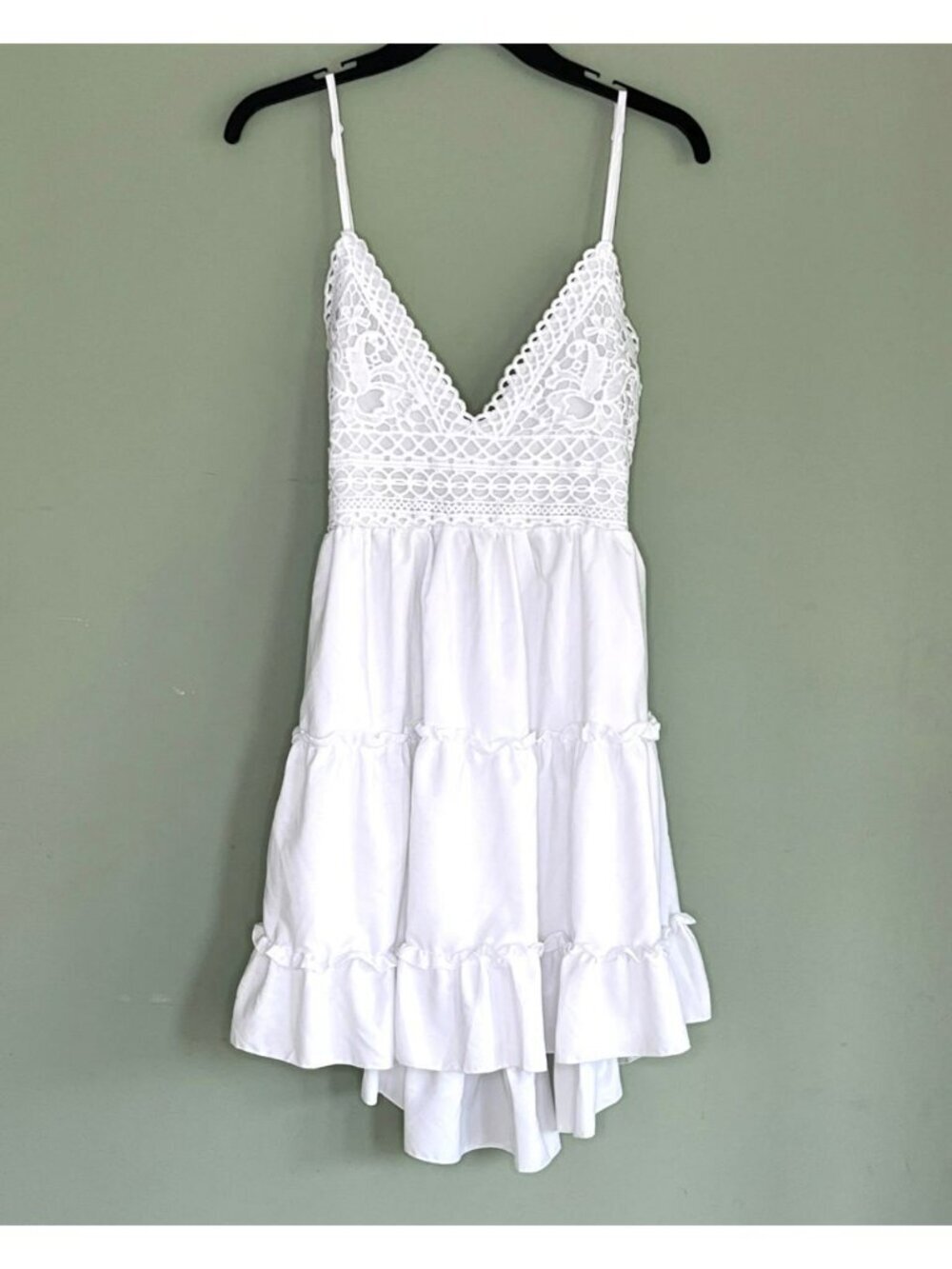 Mini Dress sz L Babydoll Beachy Wedding Coquette Lace Tiered Ruffled Hi Lo White